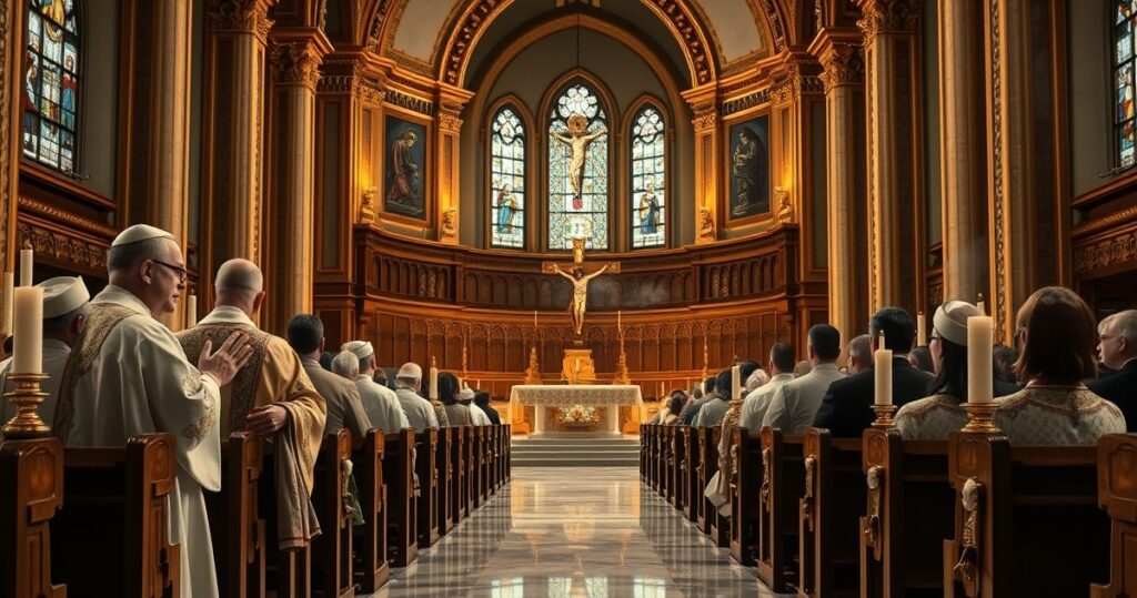 Obraz realistycznego wnętrza kościoła katolickiego z wiernymi i kapłanami, ukazujący tradycyjną liturgię, symbolizujący wierność nauczaniu Kościoła przeciw nowoczesnym herezjom.