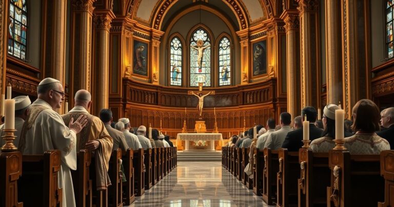 Obraz realistycznego wnętrza kościoła katolickiego z wiernymi i kapłanami, ukazujący tradycyjną liturgię, symbolizujący wierność nauczaniu Kościoła przeciw nowoczesnym herezjom.