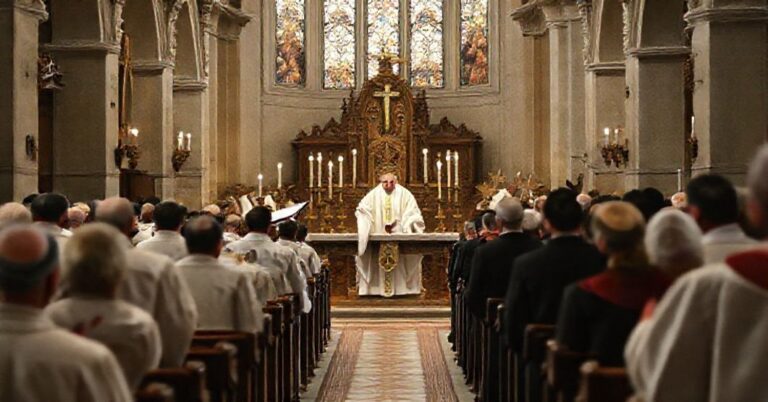 Tradycyjna katolicka liturgia w kościele z kapłanem i zborem w modlitewie