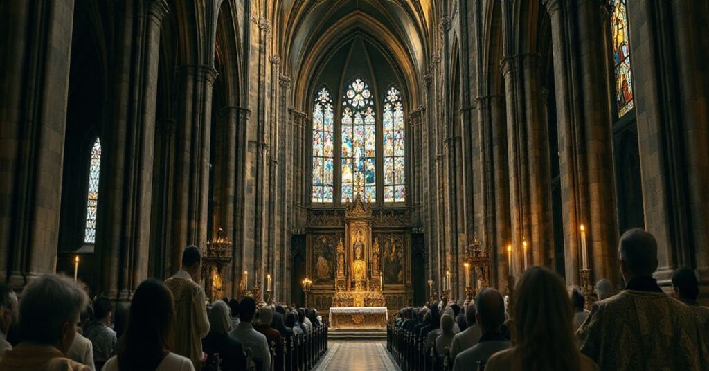 Zdjęcie realistycznej, poważnej sceny w tradycyjnej polskiej katedrze, ukazujące duchownych w liturgicznych szatach, symbolizujące autentyczną katolicką liturgię i odrzucenie modernistycznych wypaczeń.