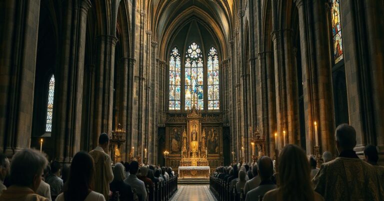 Zdjęcie realistycznej, poważnej sceny w tradycyjnej polskiej katedrze, ukazujące duchownych w liturgicznych szatach, symbolizujące autentyczną katolicką liturgię i odrzucenie modernistycznych wypaczeń.