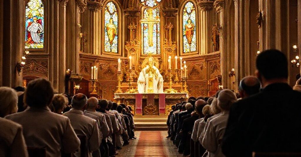 Solemne Tradycyjne Msze Święte w kościele katolickim z kapłanem odprawiającym liturgię w bogato zdobionym prezbiterium.