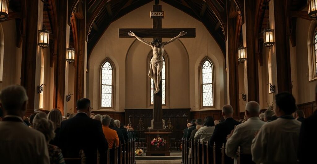 Słowa o głębokim skupieniu i modlitwie w tradycyjnym kościele katolickim podczas liturgii Krzyża, podkreślające centralność ofiary Chrystusa
