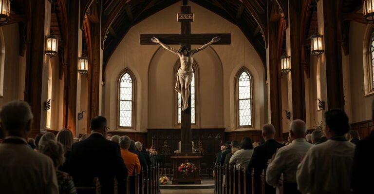 Słowa o głębokim skupieniu i modlitwie w tradycyjnym kościele katolickim podczas liturgii Krzyża, podkreślające centralność ofiary Chrystusa