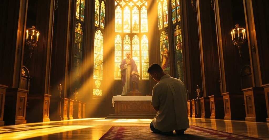 Wnętrze katolickiego kościoła z modlącym się pokutnikiem przed ołtarzem w tradycyjnej liturgii z postaciami Arcybiskupa Sheena i św. Piusa X