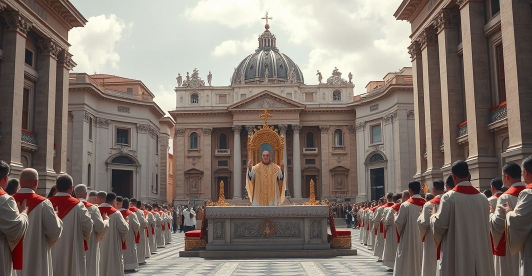 Catholic Faith in Tradition: Truth on St. Peter's Square Szczera, pełna szacunku scena katolicka na Placu Świętego Piotra z kapłanem podczas liturgii, ukazująca powagę i wiarę w tradycyjnym ujęciu