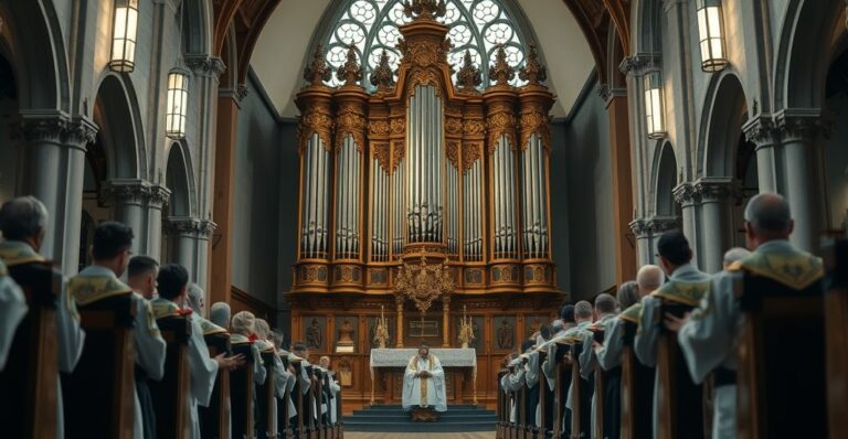 Reverent church interior z oryginalnym organem piszczałkowym i kapłanami w tradycyjnych szatach podczas liturgii