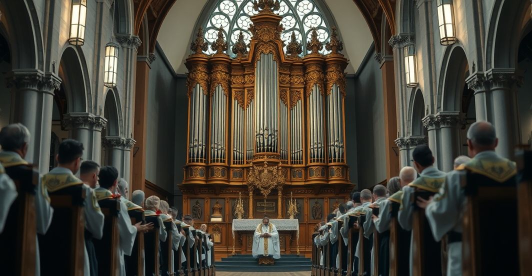 Reverent church interior z oryginalnym organem piszczałkowym i kapłanami w tradycyjnych szatach podczas liturgii