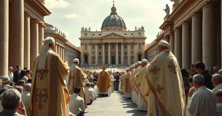 Tradycyjna katolicka liturgia na Placu św. Piotra z kapłanami i wiernymi, w autentycznym, pełnym szacunku nastroju