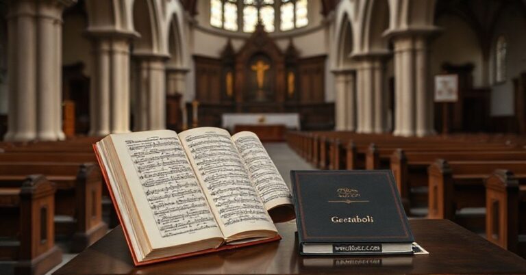 Tradycyjny kościół katolicki z antycznym lektorium i rękopisem gregoriańskim w kontrastie z nowoczesnym śpiewnikiem 'Geetaboli'.