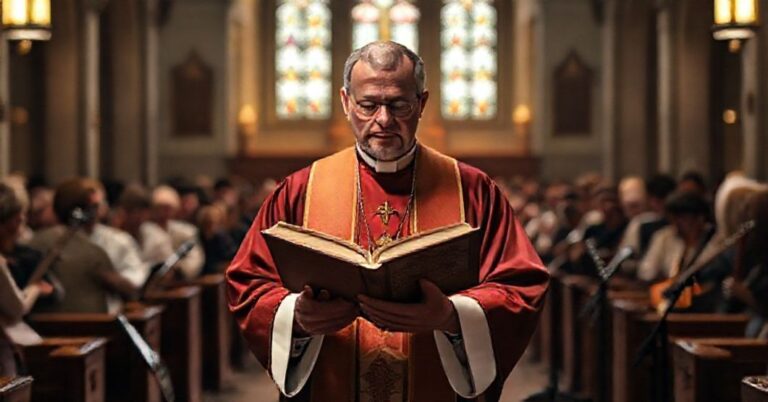 Ks. w tradycyjnych szatach liturgicznych trzyma starożytny kancjonał gregoriański w koście z wyblakłymi instrumentami modernistycznymi w tle