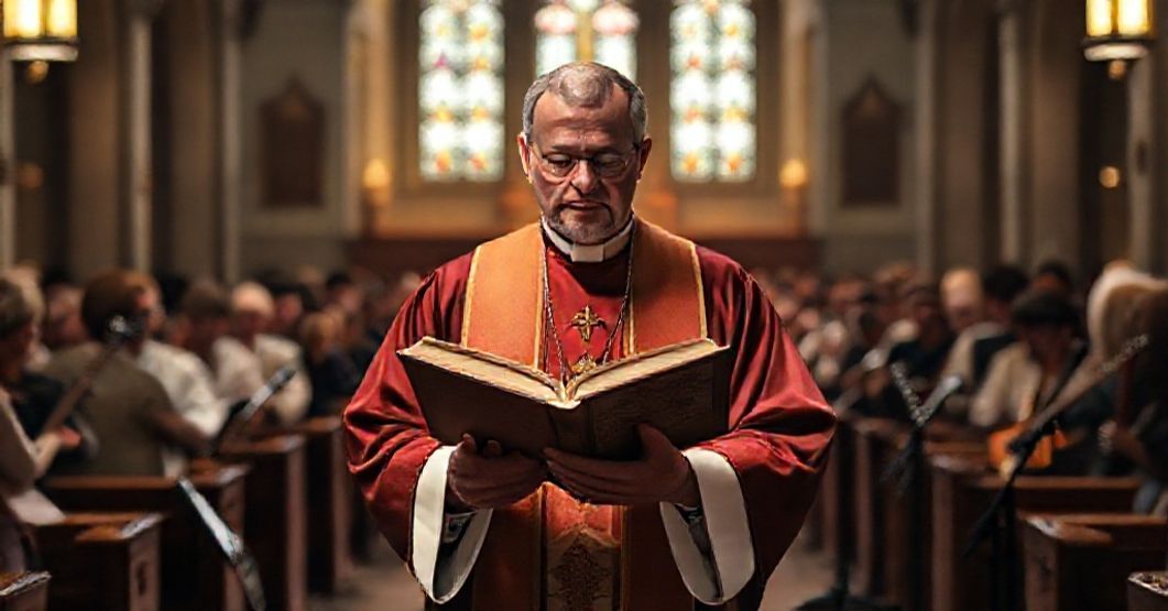Ks. w tradycyjnych szatach liturgicznych trzyma starożytny kancjonał gregoriański w koście z wyblakłymi instrumentami modernistycznymi w tle