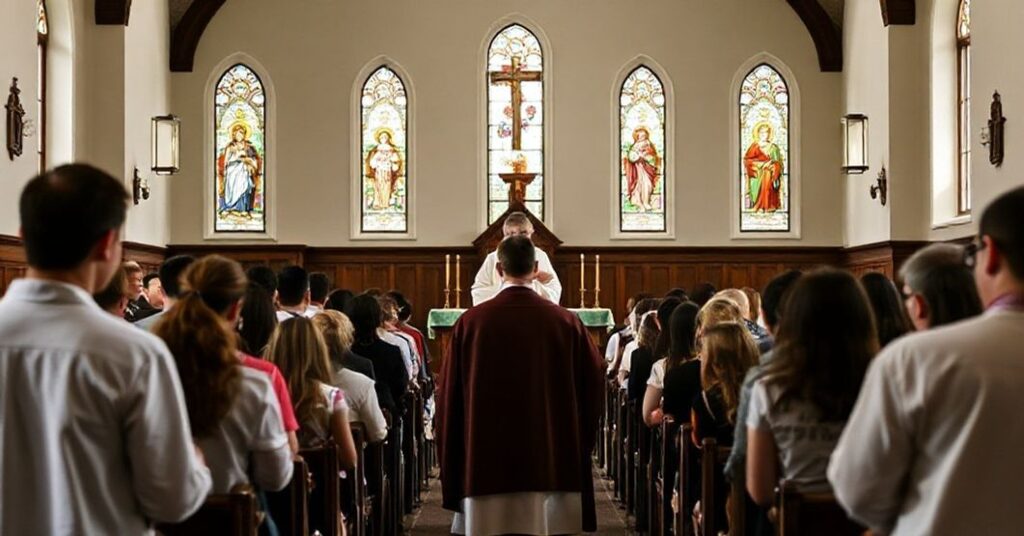 Kaplica katolicka z tradycyjnymi elementami liturgicznymi podczas mszy świętej wierni modlący się.