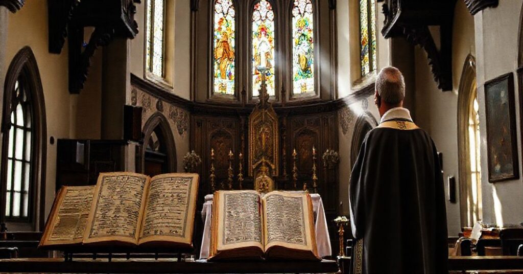 Tradycyjny wnętrze kościoła katolickiego z wystawą starożytnych ksiąg liturgicznych, podkreślającym ich świętość i tradycyjne praktyki liturgiczne.