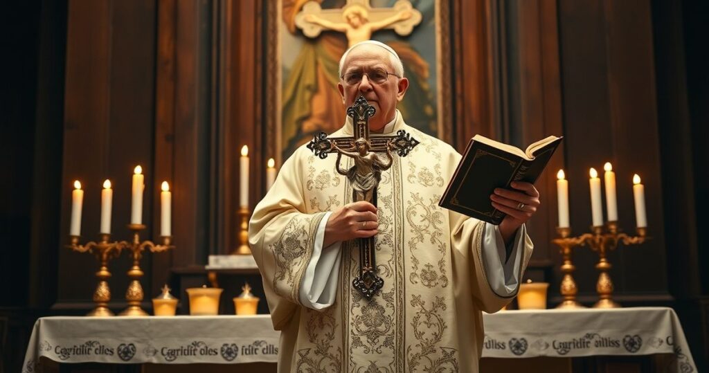 Tradycyjny kapłan katolicki w szatach Mszy Trydenckiej podczas Wielkiego Tygodnia przy ołtarzu z krzyżem i świecami
