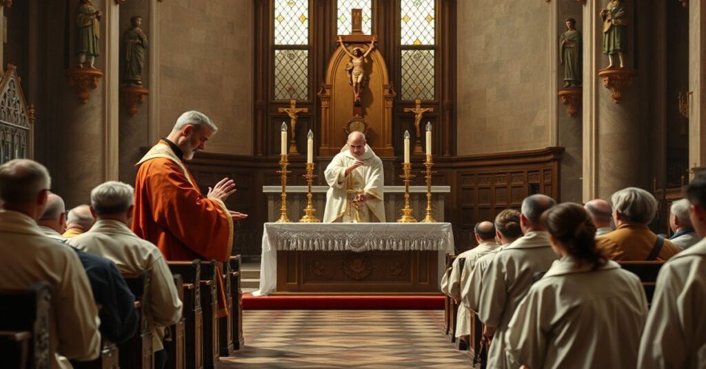 Liturgia Wielkiego Czwartku w tradycyjnym kościele katolickim: kapłan wykonujący obmycie stóp z głęboką czcią i powagą.