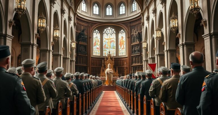 Rewersyjna, realistyczna scena liturgii w tradycyjnym kościele katolickim z żołnierzami i kapłanami, podkreślająca powagę i pobożność, krytyczna wobec nowoczesnych ceremii odwracających od katolickiej prawdy
