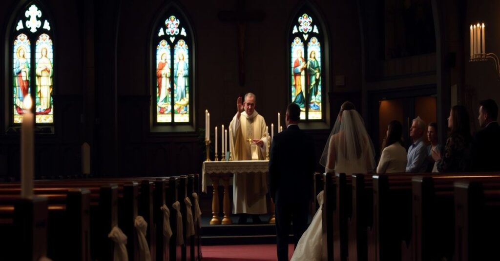 Tradycyjna katolicka ceremonia małżeńska w ciemnej kościełe z młodym parą przed ołtarzem z zapalonymi świecami. Kapłan w tradycyjnych szatach podnosi rękę w błogosławieściu. Witraże przedstawiają sceny Rodziny Świętej. Pusty kościół symbolizuje upadek sakramentalnych małżeństw.