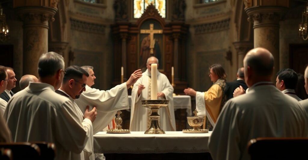 Reverent Catholic priest celebrating a traditional Mass, giving Holy Communion with solemnity and reverence, na tle ołtarza w katolickiej liturgii