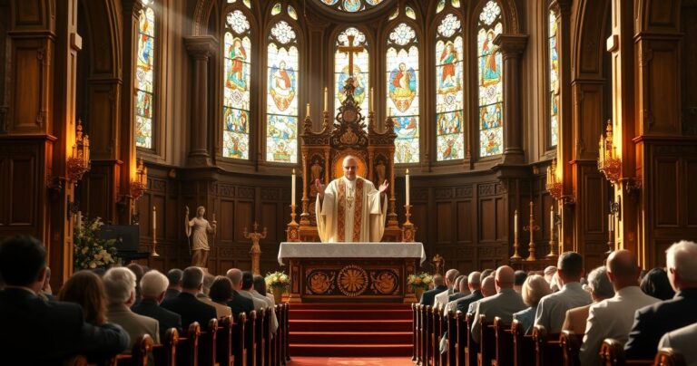 Realistyczny obraz katolickiego nabożeństwa z kapłanem odprawiającym Eucharystię, w otoczeniu wiernych, oddający atmosferę modlitwy i tradycji Kościoła.
