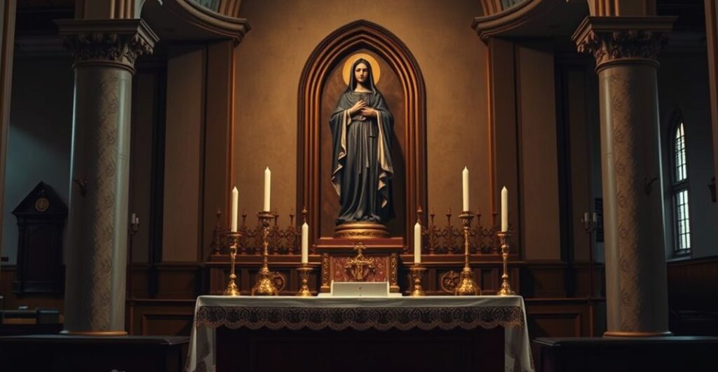 Reverentna scena katolicka z figurą Matki Bożej Tindari w tradycyjnym kościele, symbolizująca wierność wierze i krytykę modernistycznych trendów