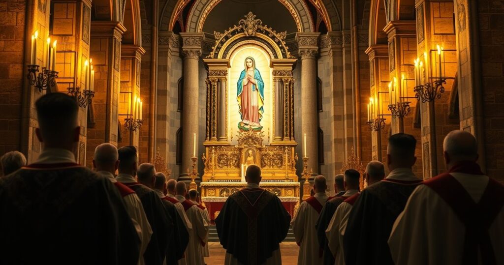 Obraz ukazujący tradycyjną katolicką Mszę w starym kościele z obrazem Matki Bożej Fatimskiej, symbolizujący prawdziwą wiarę i sprzeciw wobec modernistycznej herezji.