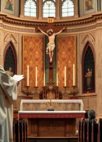 Tradycyjna Katolicka Msza Święta w Sanktuarium Sanktuarium katolickie z kapłanem w liturgii, wiernymi w modlitwie, oddające cześć tradycyjnej Mszy Świętej w duchu katolickim