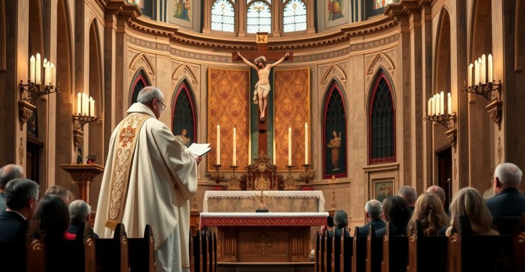 Sanktuarium katolickie z kapłanem w liturgii, wiernymi w modlitwie, oddające cześć tradycyjnej Mszy Świętej w duchu katolickim
