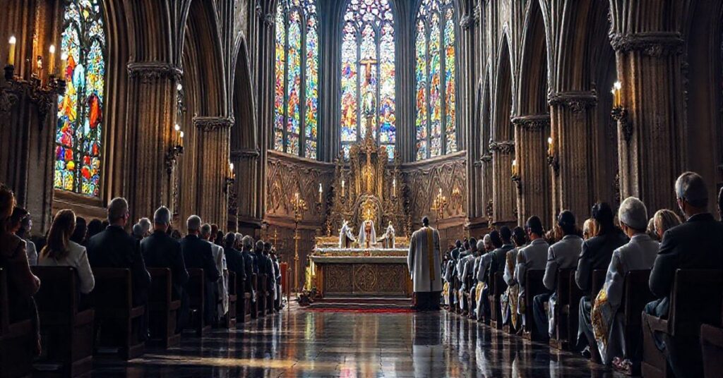 Obraz wiernego katolickiego nabożeństwa w tradycyjnej świątyni z kapłanem i wiernymi, ukazujący powagę i duchowość liturgii.