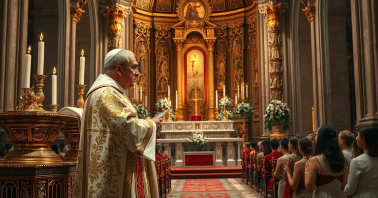 Fotografia realistyczna katolickiego kapłana odprawiającego Mszę Świętą w tradycyjnej szacie, z poważnym wyrazem twarzy, na tle ołtarza, ukazująca głęboką pobożność i kult sakramentów.