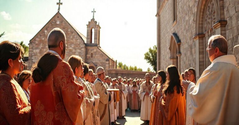 Szarobure, realistyczny obraz katolickiej Mszy świętej na zewnątrz, z kapłanem w tradycyjnych szatach, wiernymi w modlitewnym skupieniu, na tle historycznego kościoła i spokojnego nieba.