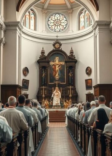 Tradycyjna Msza w katolickim kościele – obrona hierarchii i nauki Kościoła Rekolekcja katolicka w tradycyjnym kościele, księża i wierni podczas Mszy świętej, podkreślając hierarchię i wiarę zgodną z nauką Kościoła.