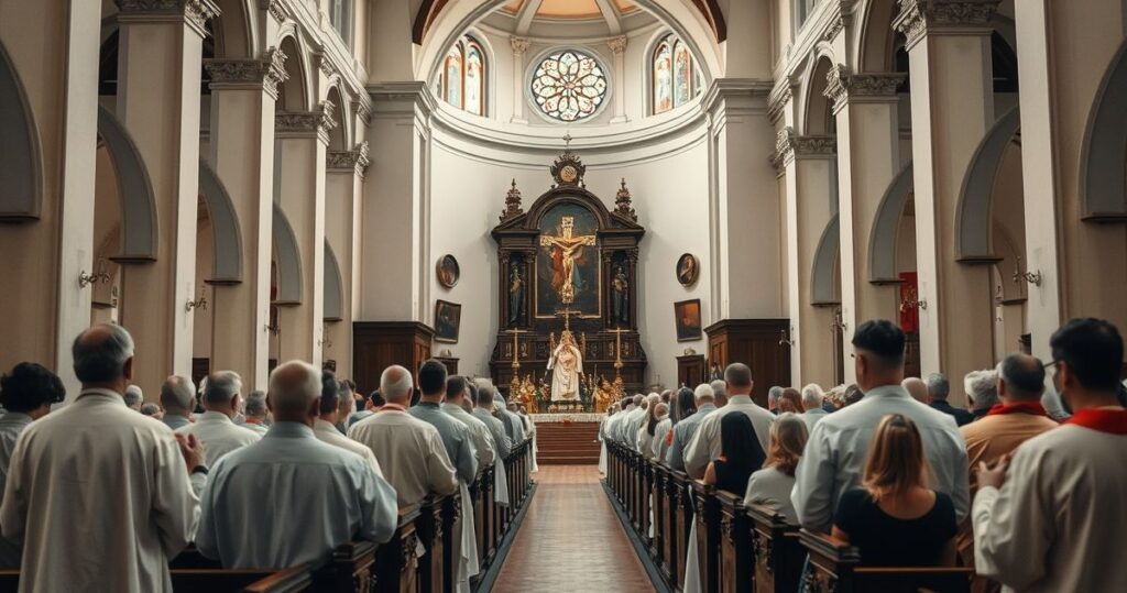 Rekolekcja katolicka w tradycyjnym kościele, księża i wierni podczas Mszy świętej, podkreślając hierarchię i wiarę zgodną z nauką Kościoła.