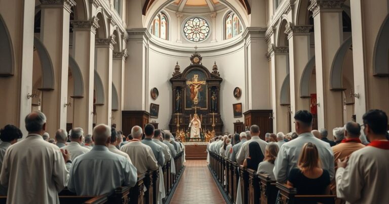 Rekolekcja katolicka w tradycyjnym kościele, księża i wierni podczas Mszy świętej, podkreślając hierarchię i wiarę zgodną z nauką Kościoła.