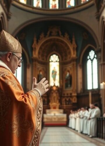 Tradycyjna liturgia katolicka w historycznym kościele Kapłan odprawiający tradycyjną Mszę w katolickim kościele, ukazujący powagę i szacunek dla liturgii, z zachowaniem katolickiej estetyki i duchowości