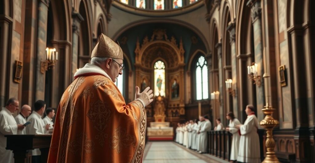Kapłan odprawiający tradycyjną Mszę w katolickim kościele, ukazujący powagę i szacunek dla liturgii, z zachowaniem katolickiej estetyki i duchowości
