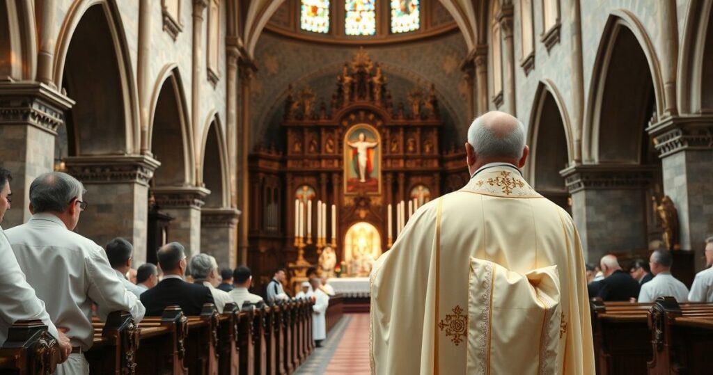 Realistyczne, pełne szacunku katolickie przedstawienie kapłana sprawującego tradycyjną Mszę Świętą w historycznym kościele, ukazujące głęboką religijność i troskę o autentyczną liturgię katolicką.