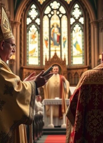 Tradycyjny katolicki ksiądz celebrujący Mszę trydencką w historycznym kościele Ksiądz w tradycyjnej liturgii trydenckiej w świątyni, ukazujący głębokie oddanie i wierność katolickiemu dziedzictwu, kontrastując z modernistycznym sekularyzmem i ekumenicznym zamętem