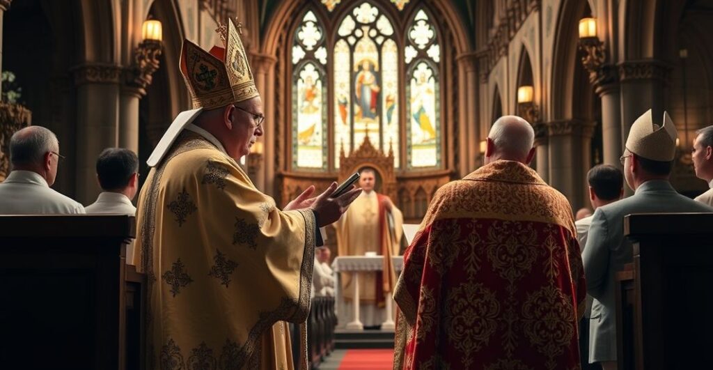 Ksiądz w tradycyjnej liturgii trydenckiej w świątyni, ukazujący głębokie oddanie i wierność katolickiemu dziedzictwu, kontrastując z modernistycznym sekularyzmem i ekumenicznym zamętem