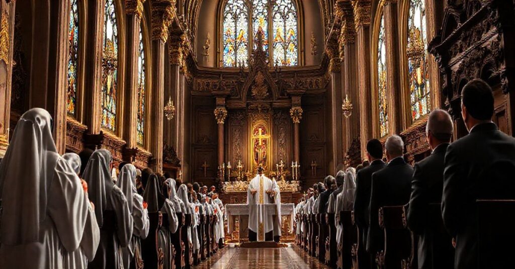 Obraz liturgii tradycyjnej w katolickim kościele, pokazujący wiernych i księży w modlitewnej, poważnej atmosferze, odzwierciedlający sprzeciw wobec modernistycznej apostazji