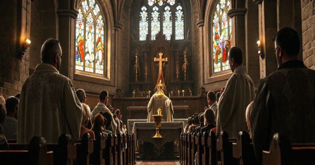 Obraz liturgii katolickiej z szacunkiem i wiernością, przedstawiający tradycyjną Mszę w świątyni, z kapłanem i wiernymi w modlitewnej postawie, podkreślając powagę i świętość katolickiego kultu
