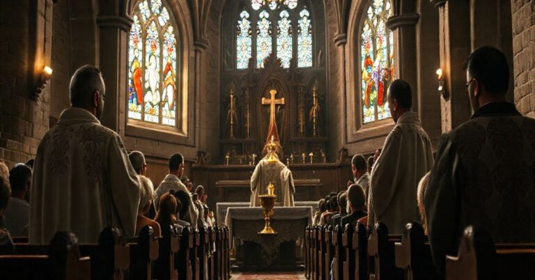 Obraz liturgii katolickiej z szacunkiem i wiernością, przedstawiający tradycyjną Mszę w świątyni, z kapłanem i wiernymi w modlitewnej postawie, podkreślając powagę i świętość katolickiego kultu