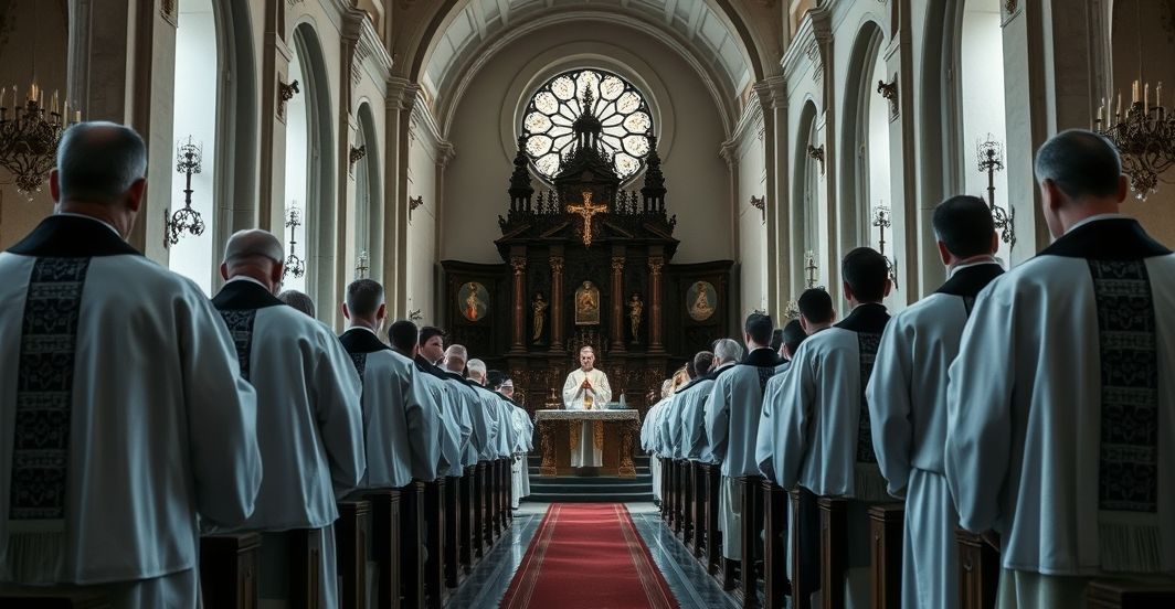 Fotografia realistycznej, sakramentalnej Mszy Świętej w tradycyjnej katolickiej świątyni, ukazująca duchową głębię i powagę liturgii w polskim kontekście