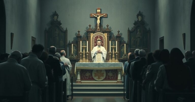 Reverentne zdjęcie tradycyjnej Mszy Świętej w katolickim kościele, symbolizujące duchową walkę i obronę katolickiej tradycji przeciwko nowoczesnej herezji