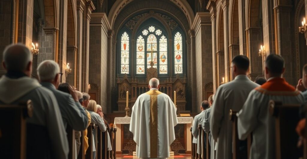 Konserwatywny katolicki obraz kapłana odprawiającego Mszę w tradycyjnej liturgii w historycznym kościele, skupiający się na Eucharystii i głębokiej duchowości.