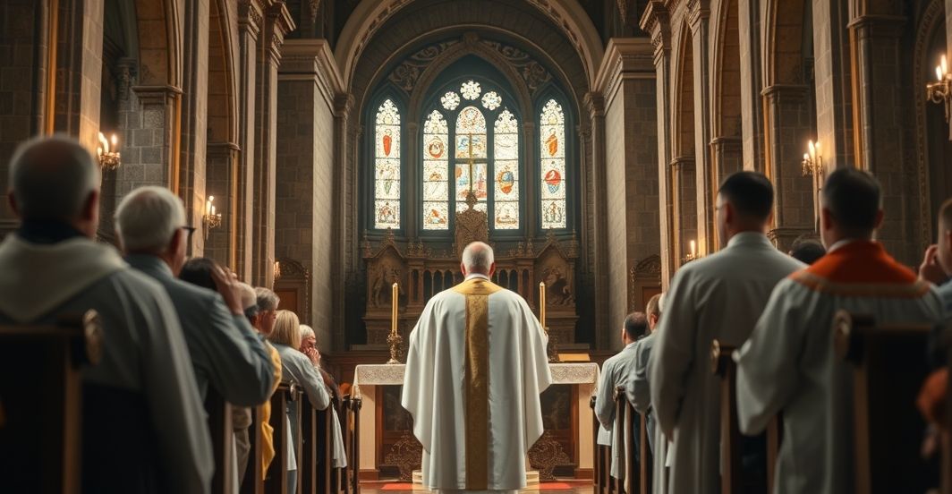 Tradycyjna Eucharystia w katolickim kościele odzwierciedlająca wierność doktrynie Konserwatywny katolicki obraz kapłana odprawiającego Mszę w tradycyjnej liturgii w historycznym kościele, skupiający się na Eucharystii i głębokiej duchowości.