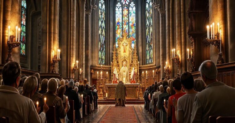 Stacjonarna liturgia katolicka w tradycyjnej świątyni, z kapłanem w ornacie i wiernymi modlącymi się z powagą, ukazująca głęboki szacunek i tradycyjną wiarę katolicką