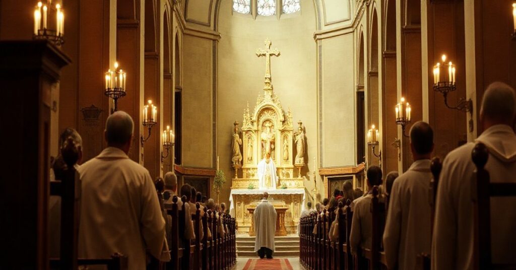 Obraz wnętrza tradycyjnego kościoła katolickiego podczas mszy, z kapłanami w liturgicznych szatach, ukazujący głęboką pobożność i wierność tradycji, krytycznie odzwierciedlający odchylenia od ortodoksji.