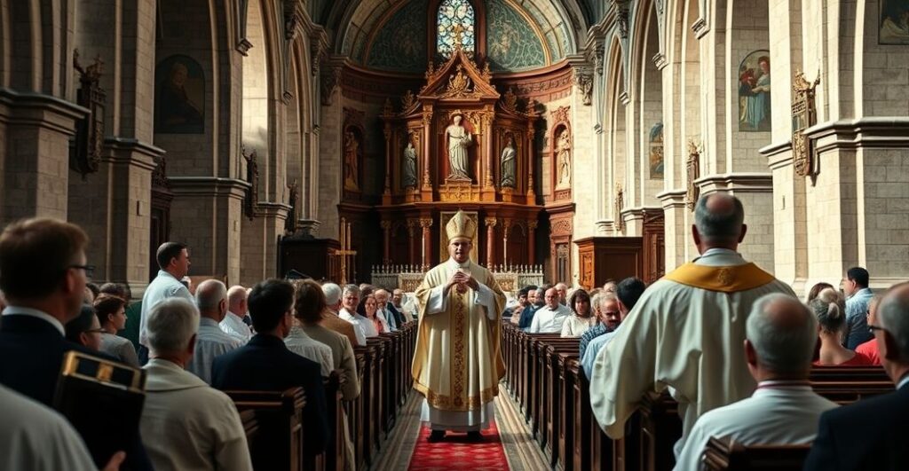 Reverent Catholic priest officiating traditional Latin Mass w wiernym zgromadzeniu w historycznym kościele, podkreślając powagę i autentyczność liturgii.