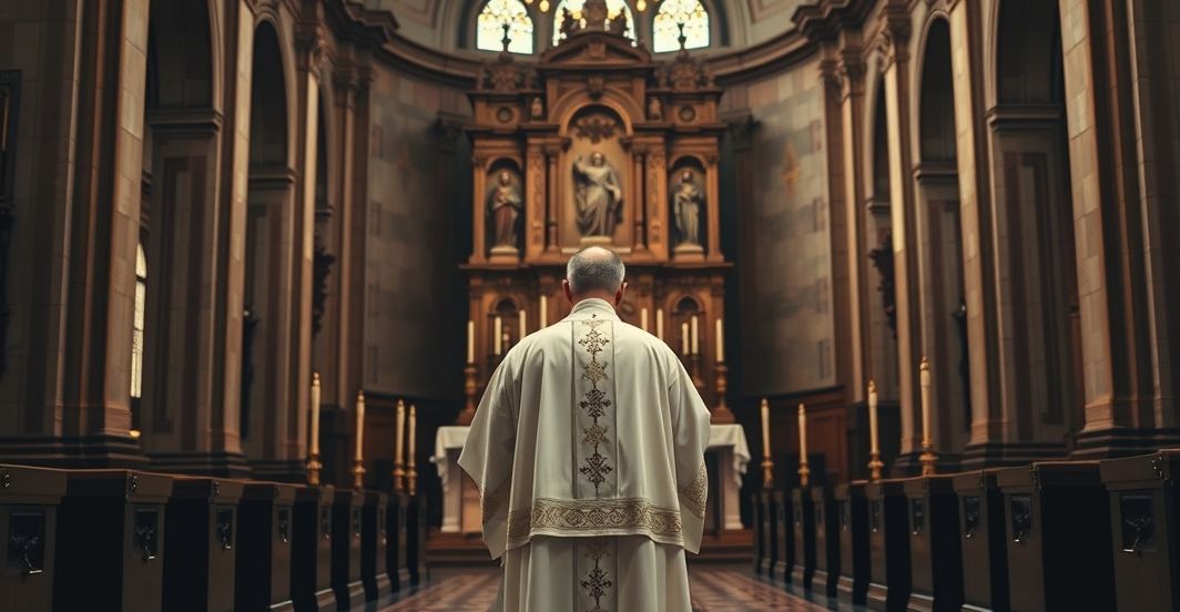 Obraz wnętrza tradycyjnego kościoła katolickiego podczas mszy, z kapłanami w liturgicznych szatach, ukazujący głęboką pobożność i wierność tradycji, krytycznie odzwierciedlający odchylenia od ortodoksji.